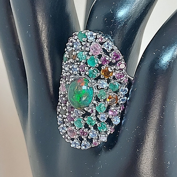 925 Sterling Silver Ring Sz 8 with Natural Black Opal, Emerald, Garnet, Tanzanit - Picture 6 of 7